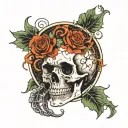 Cracked skull, queen tarot card, death, vines, waves of fire tattoo design idea