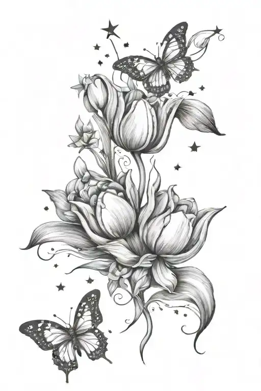 delicate tulip with butterflies, stars and crescent moon  tattoo design idea