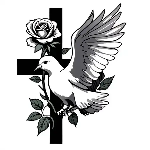dove carrying a rose with a cross back ground tattoo design idea