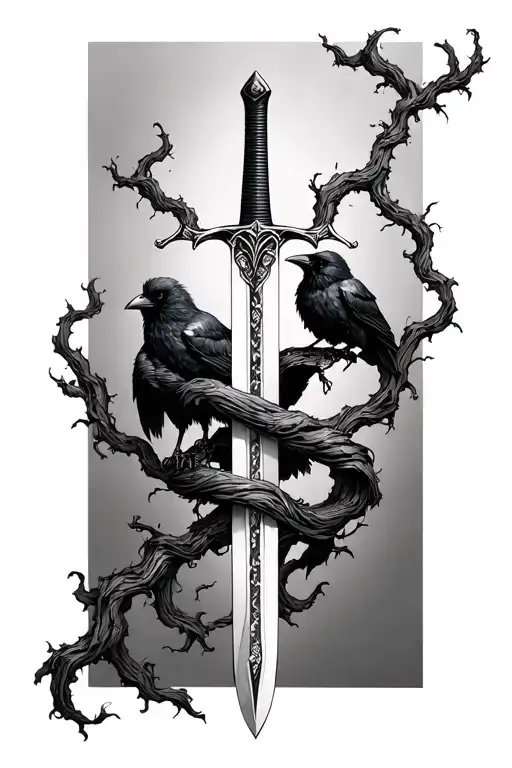 thin swords wrapped in thin vines crows tattoo design idea