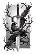 thin swords wrapped in thin vines crows tattoo design idea