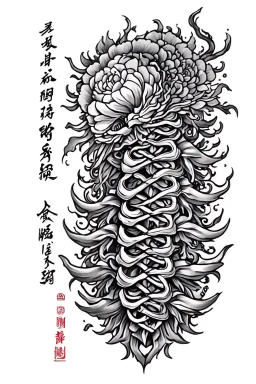 "my energy is both a blessing and a curse" spine tattoo in Chinese traditional  tattoo design idea