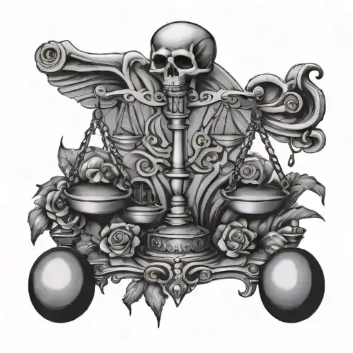 Libra scale with skull piles on weights   tattoo design idea