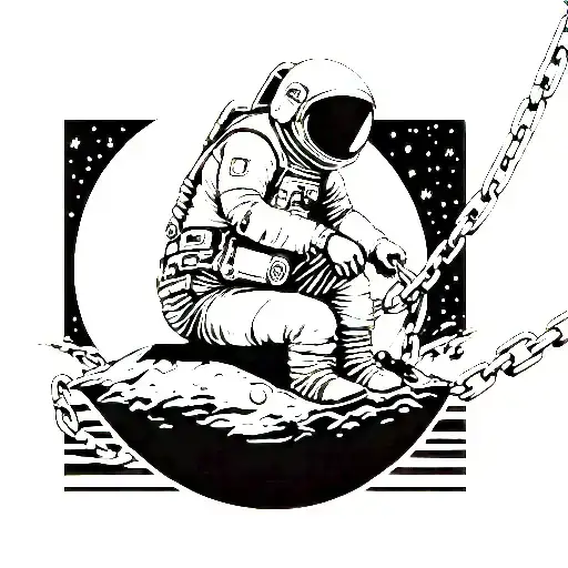 I want an astronaut sitting on a moon looking down, pulling on a chain and the chain is breaking tattoo design idea