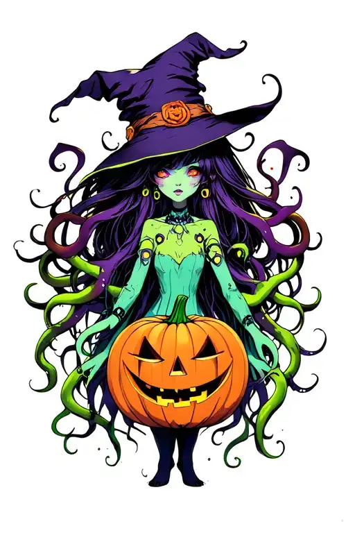 cyber witch holding jack-o'-lantern, tentacles, space, eldritch tattoo design idea