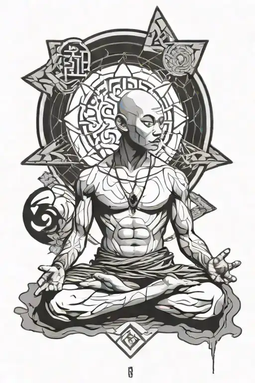 aang meditating figue surrounded by four elements symbols and traiangles in the background, black and white tattoo tattoo design idea