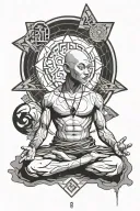 aang meditating figue surrounded by four elements symbols and traiangles in the background, black and white tattoo tattoo design idea