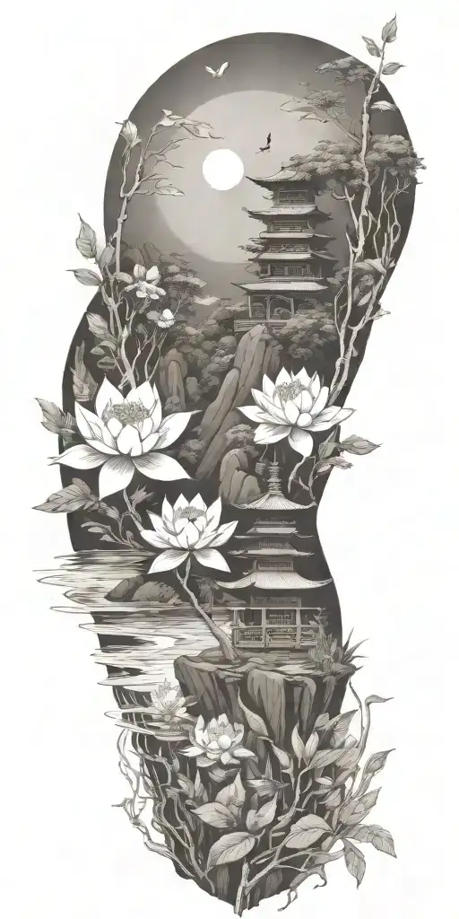 buddhist inpired tattoo with scenary of nature, bamboo, water, and with lotus, koi fish, small budda and spiritual stuff tattoo design idea