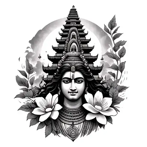 Nepali temple with shiva and messi flower tattoo on forearm tattoo design idea