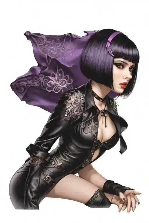 Sexy Petite Girl white short bob hairstyle revealing lingerie, big cleavage hands purple eyes, portrait. gothic pin-up  tattoo design idea