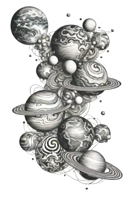 show realistic planets including earth with swirling universe that subtly spell out 4 and a 2 below it tattoo design idea