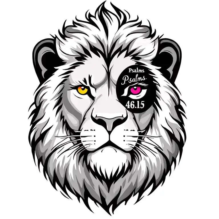 lion face with color eyes, with "Psalms" placed over one eye and "46:5" placed over the other eye tattoo design idea