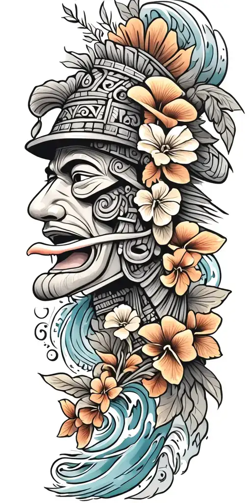  Mayan warrior tongue out on tongue flowers waves Mayan tribal pattern mushrooms   tattoo design idea