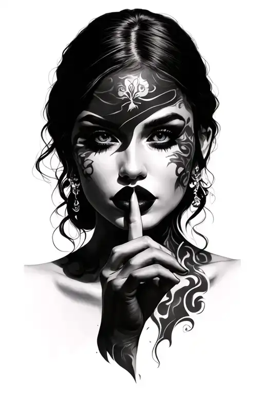 Realistic woman, eyes hidden, finger to lips in 'shh' pose, mysterious and magical aura, hot lips tattoo design idea