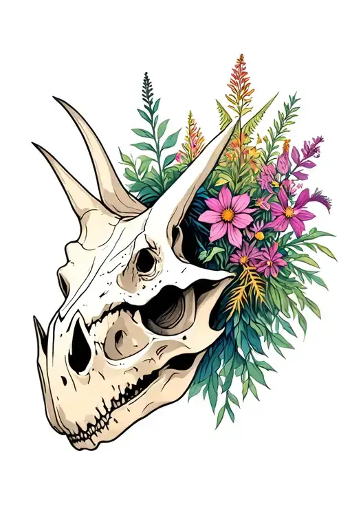 triceratops skull and fireweed flowers blooming flowers tattoo design idea