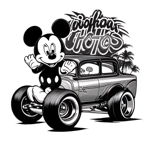 Chicano Mickey Mouse sitting on top a lowrider wheel in La tattoo design idea