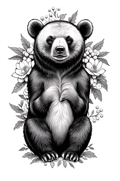 peaceful bear surround by berries and flowers  tattoo design idea
