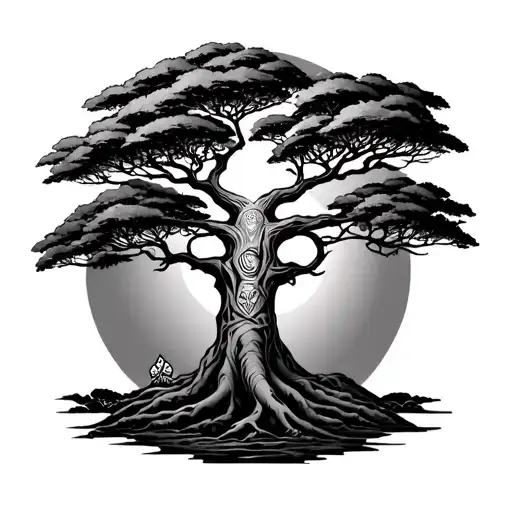 Highly detailed tattoo design inspired by Amazonian mythology, featuring a massive sacred ceiba tree as the central elem tattoo design idea