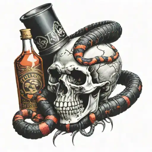 creepy realistic skull with a coral snake coiled throughout its eyelids with venom bottles around tattoo design idea