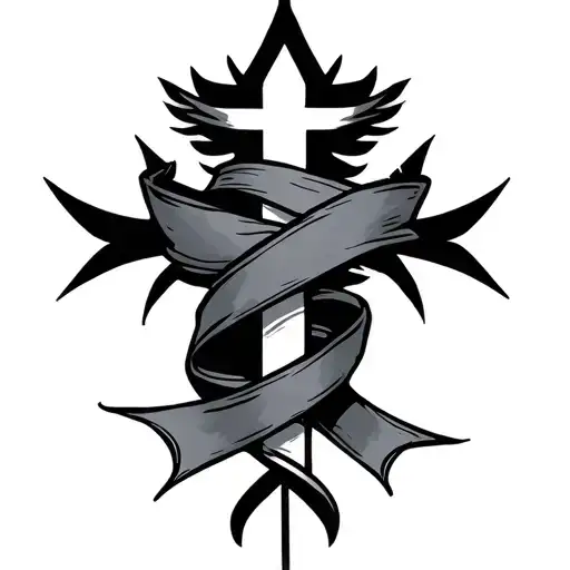 thick pointy black cross with ribbon wrapped tattoo design idea