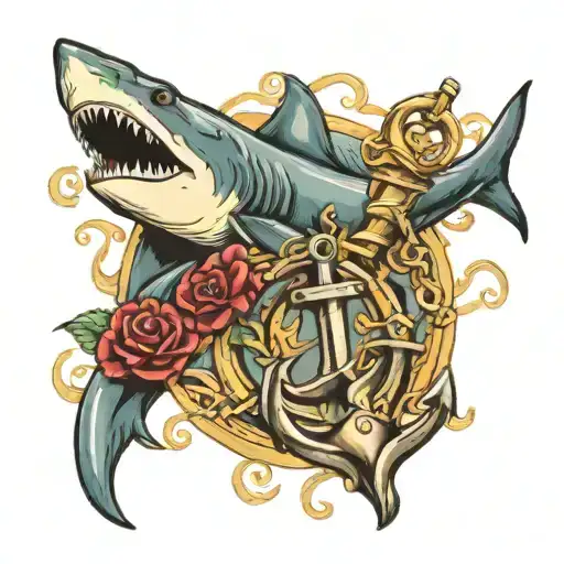shark and anchor surrounded tattoo design idea