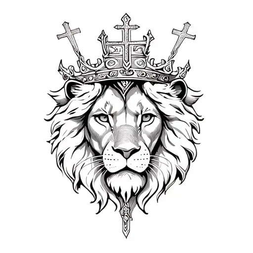 Lion of Judah with crown on head holding a cross tattoo design idea