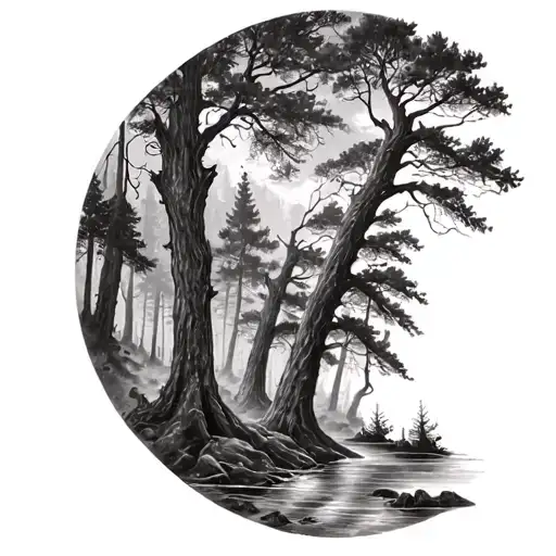 detailed full scene of a forest black and white  tattoo design idea