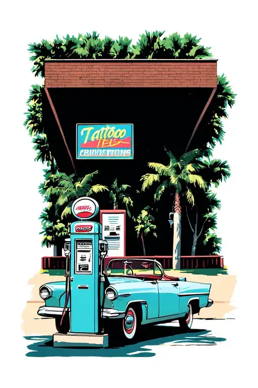 1950s convertible porches in front of a 50s gas pump tattoo design idea