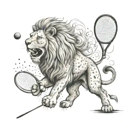 A majestic lion playing tennis on a court in West Kirby, capturing the client's love for lions and the town tattoo design idea