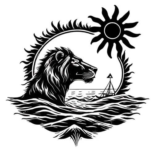Create a female tattoo involving summer, sun, sea, lion sign and travel tattoo design idea