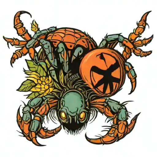 Draw a traditional style tattoo in color showing a spider eating a worm tattoo design idea