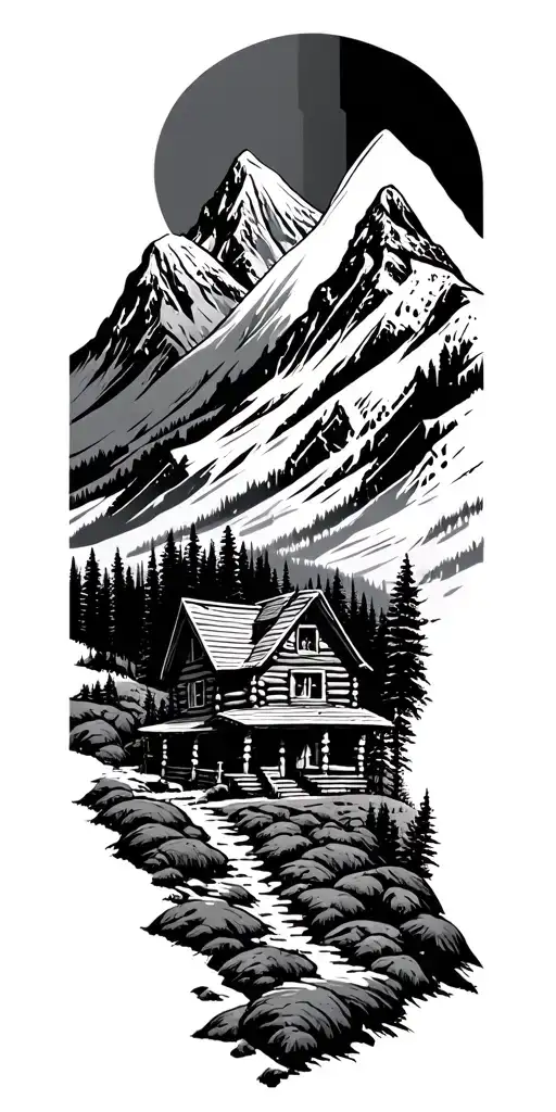 A mountain landscape incorporating a nestled log cabin tattoo design idea