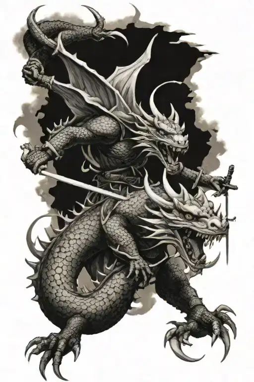 samourai with 2 dragons flying tattoo design idea