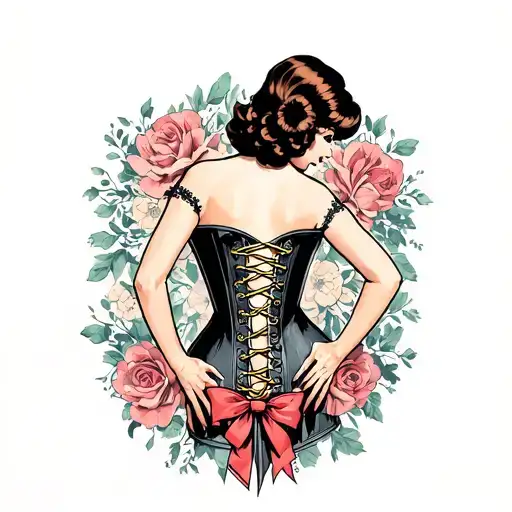create a pin up style tattoo of a Woman facing away, hands resting on hips.•	Tight lace-up corset with ribbon bow  tattoo design idea