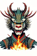 Japanese samurai before a bust with the Japanese mask below the dragon’s head in fire, everyone unites Japanese elements tattoo design idea