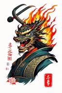 Japanese samurai before a bust with the Japanese mask below the dragon’s head in fire, everyone unites Japanese elements tattoo design idea