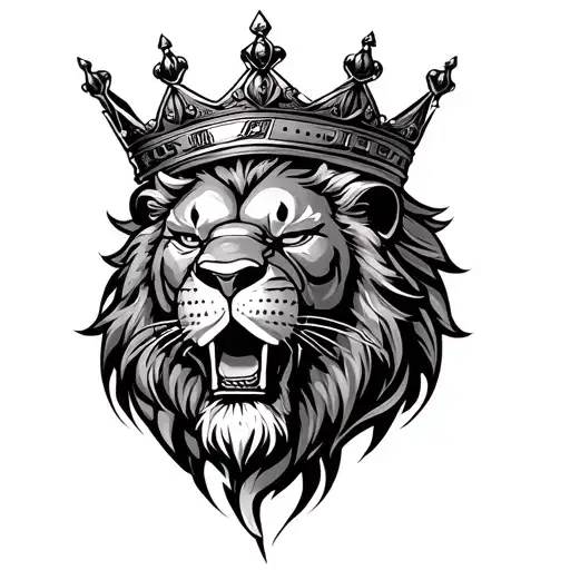 furious lion head with crown made of money tattoo design idea