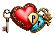 heart shaped lock with key shaped like letter p tattoo design idea