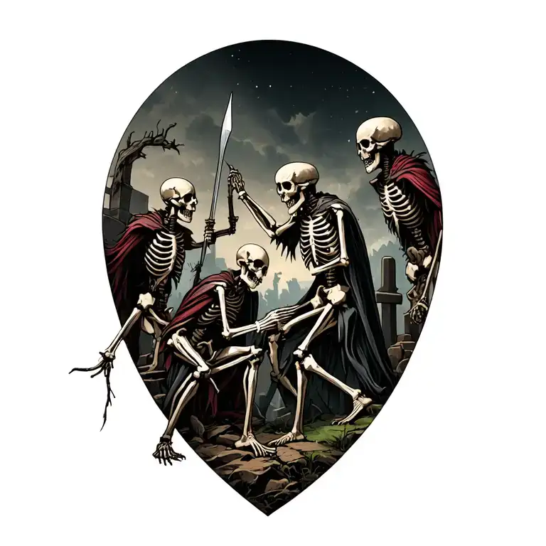 soldier skeletons fighting demons in graveyard scene tattoo design idea