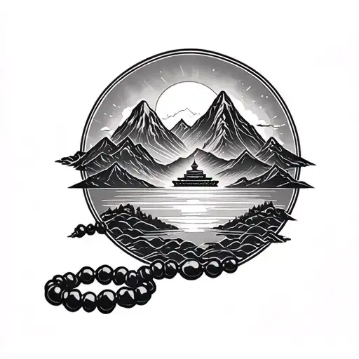 Buddhist mala beads, mountain range, dharma wheel tattoo design idea