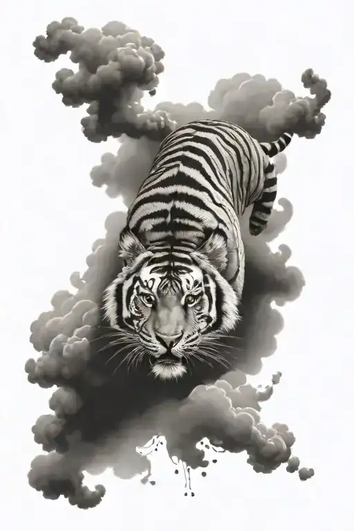graceful tiger with water at bottom and clouds in background tattoo design idea