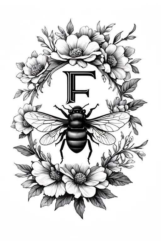 Minimalist bee with letter F on the back. Flowers around the whole in a vintage baroque style tattoo design idea