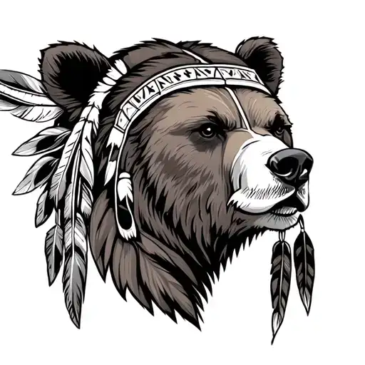 female native american brown bear head with cherokee  and sioux tribe feathers and its shaded grey and black tattoo design idea