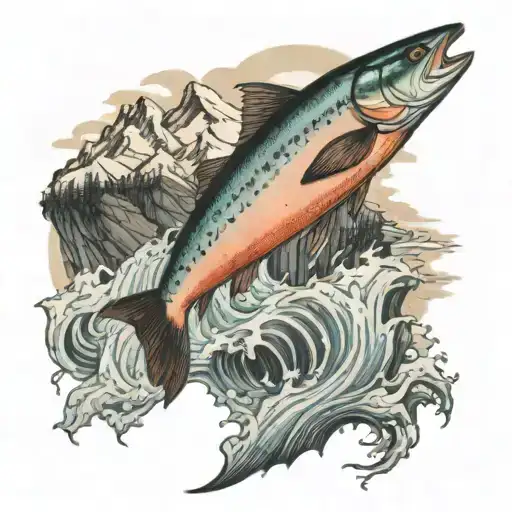 salmon jumping, Jesus cross, mountains tattoo design idea