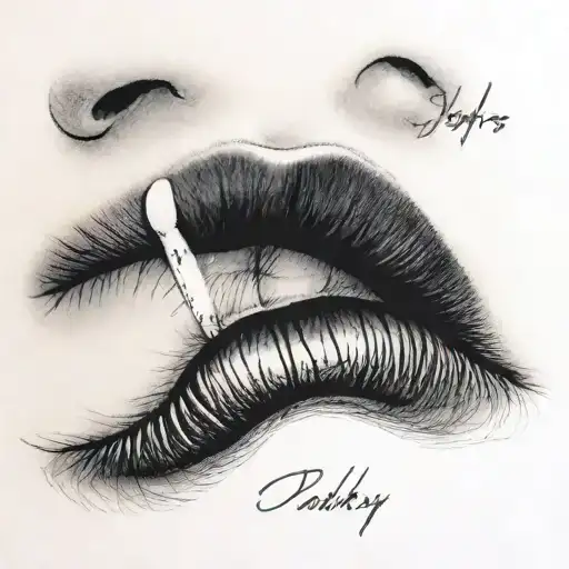lipstick kiss mark with daddy written in lower lip in white. signed off in corner with A❤️ tattoo design idea