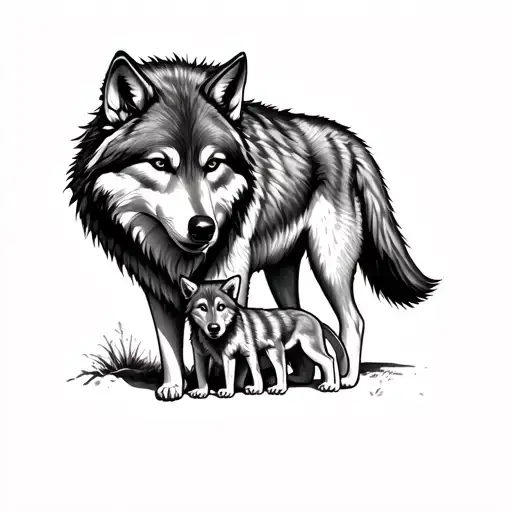fierce mother wolf with two cubs tattoo design idea