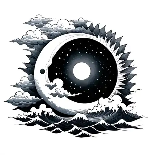 sun and moon with clouds and waves in japanese style tattoo design idea