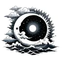 sun and moon with clouds and waves in japanese style tattoo design idea