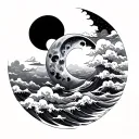 sun and moon with clouds and waves in japanese style tattoo design idea