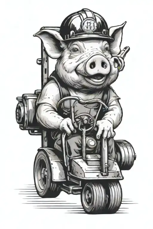 pig with a hard hat driving a forklift, on the forklift "Les Petites" IS written tattoo design idea